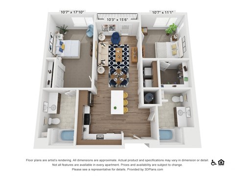 Floor plan for 2 beds, 2 baths, 996 sqft